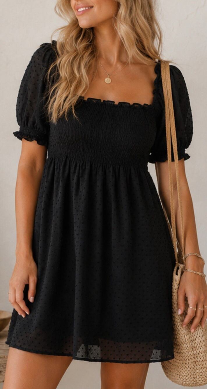 Hill House Home Athena Nap Dress Black Smocked Puff Sleeve Mini S Cottage LBD